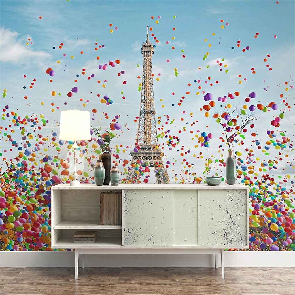 Papier peint panoramique 3D Paris pour masquer un mur abîmé sans colle