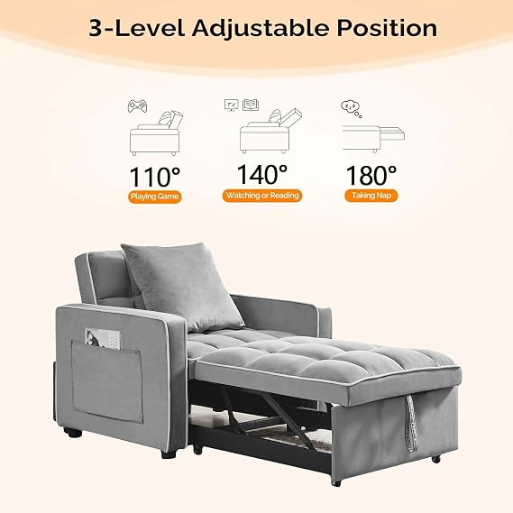 3 in 1 Sleeper Sofa Chair Bed, Velvet Convertible Single Sleeper Futon with Adjustable Backrest&Storage Pockets&Pillow, Pull Out Couch Bed Single Recliner for Living Room Bedroom Small Spaces (Grey)