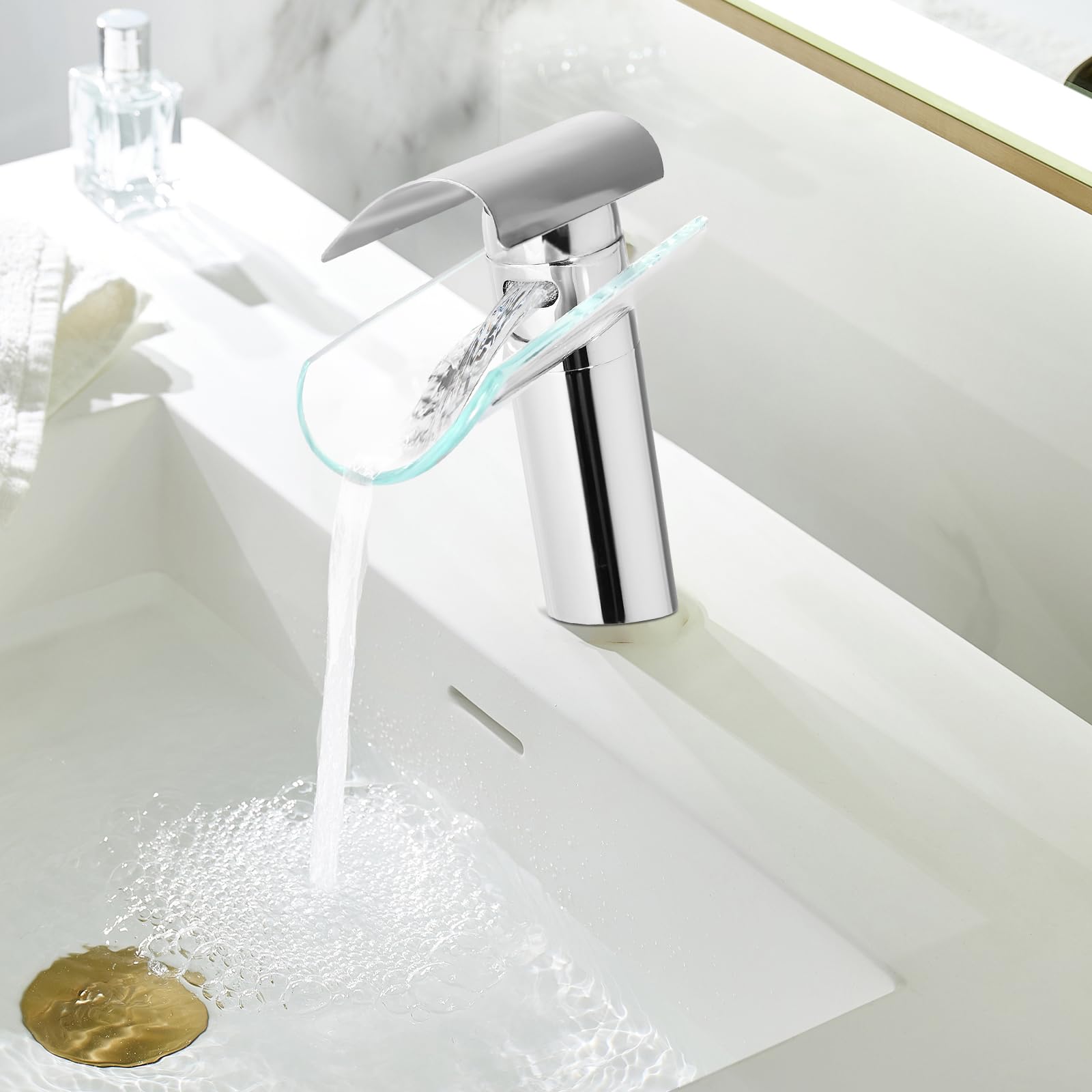 Robinet cascade, robinet de salle de bain en verre avec 2 tuyaux en laiton et bec en verre, mitigeur monocommande pour salle de bain, cuisine, lavabo