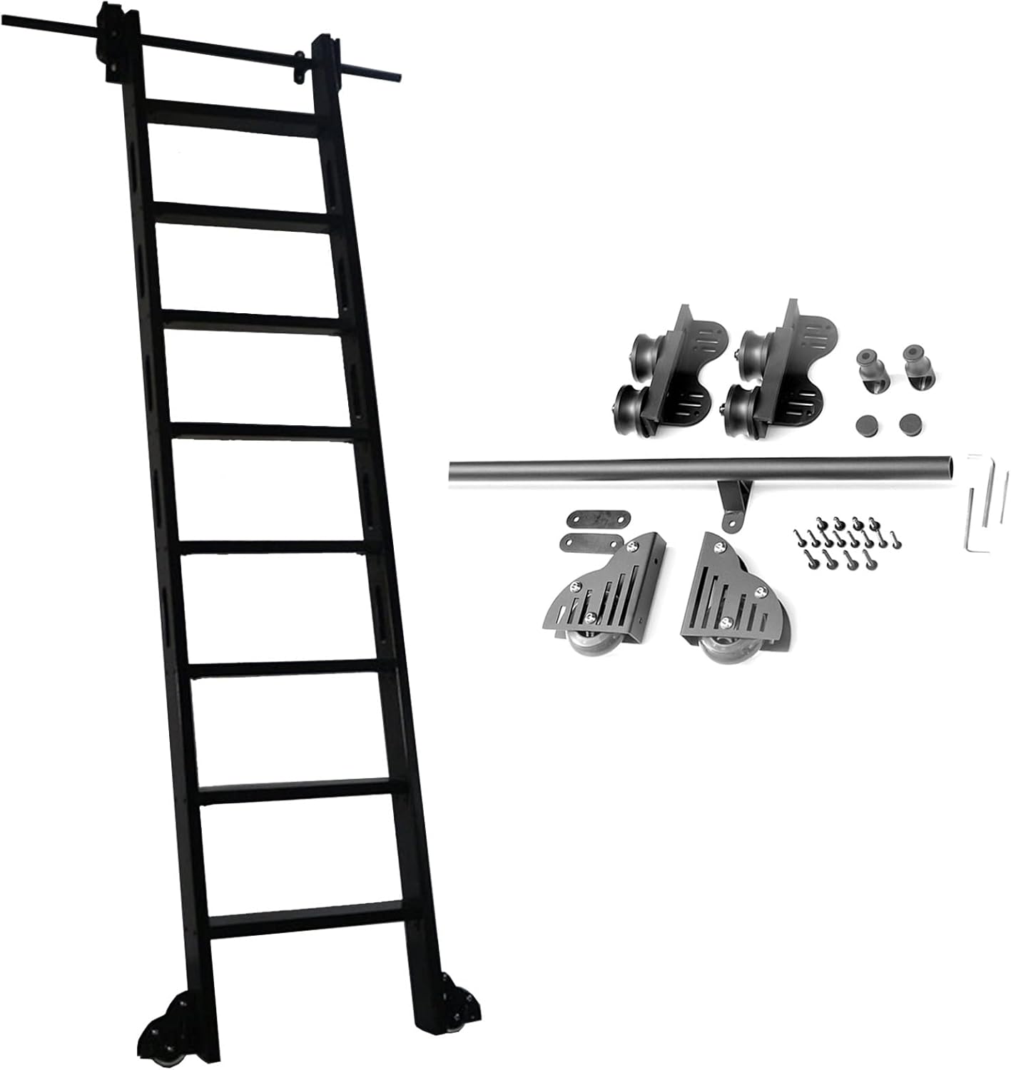 3.3ft-20ft Sliding Ladder Library Full Set Retractable Hardware Rolling Track, Black Steel Round Tube Mobile Ladder Rail +Floor Roller Wheels - No Ladder (Size : 16ft/500cm Track k