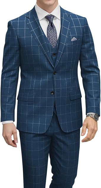 Mens Suit 3 Piece Slim Fit Checkered Plaid Suit Two Button Casual Business Wedding Party Blazer Vest Pants Set