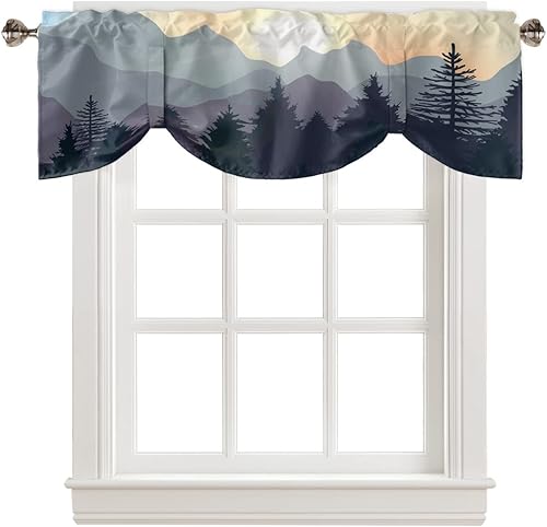 Tie Up Valances for Windows, Sunset Sundown Mountains Pine Trees Woods Magnificent Scenery Adjustable Rod Pocket Short Curtain Windows Treatment