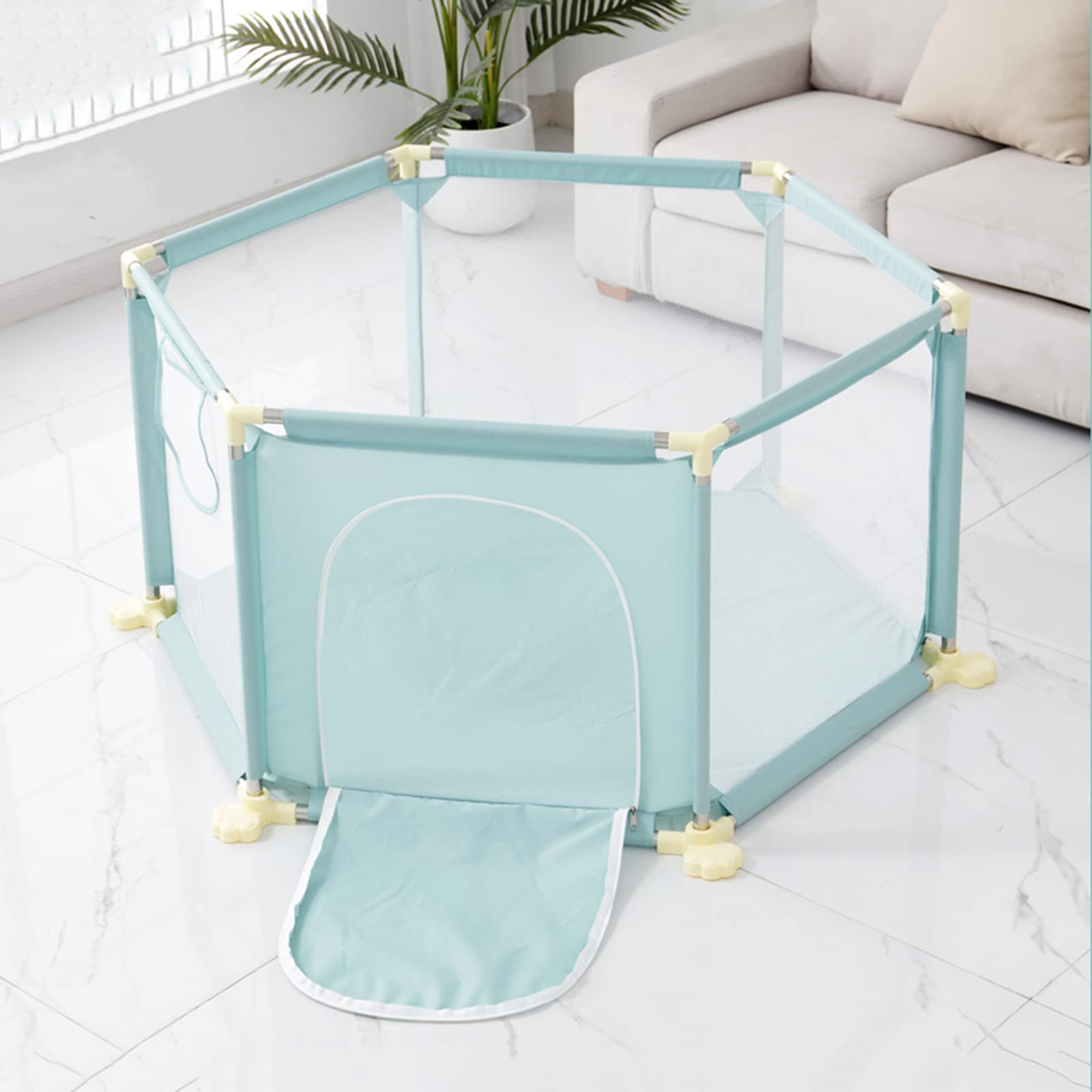 Jolan Hexagonal Baby Playpen,Baby Fence with Breathable Mesh and Zipper Door,Safety Playard Playpen 65cm High,Easy to Install and Remove Crawling Fence,for Home Indoor Outdoor,Green-125×65×65cm