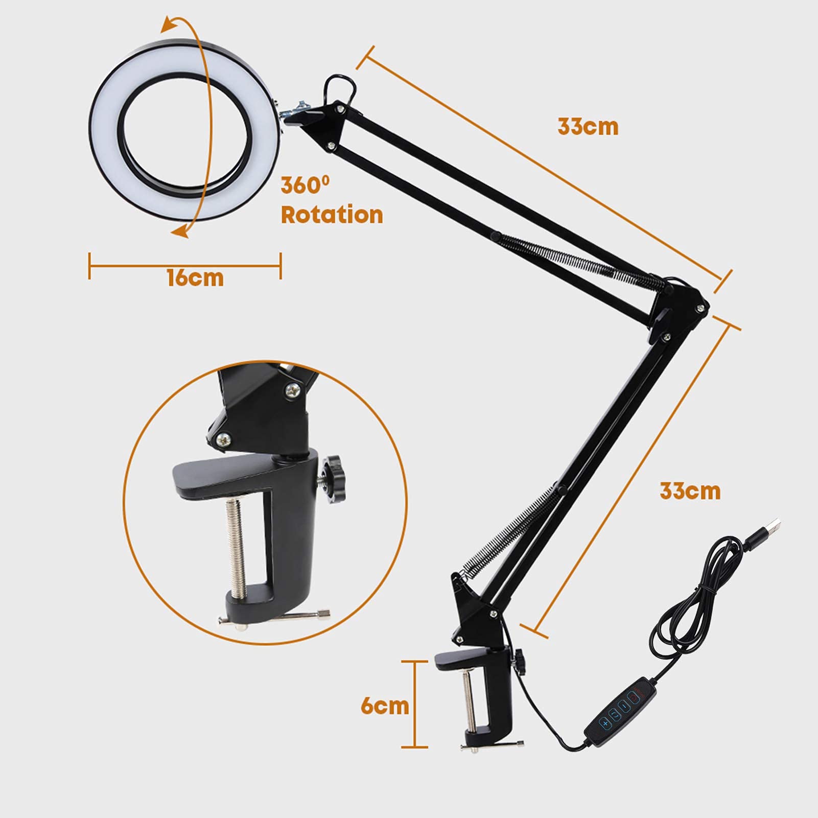 Lámpara de aumento LED con abrazadera, 1,500 lúmenes, regulable sin escalonamientos, 3 modos de color, brazo giratorio ajustable, luz de lupa iluminada para lectura, manualidades, trabajo cercano, 8 a