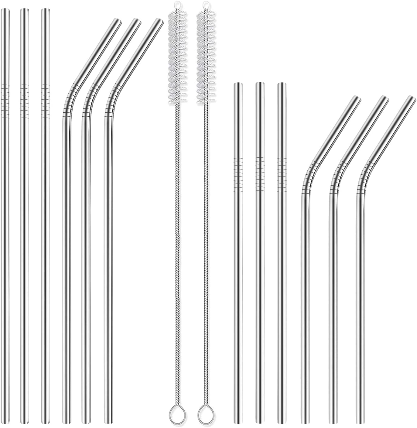 12-Pack ReusableStainless Steel Straws - Reusable, BPA Free Metal Straw - Suitable for 30 oz and 20 oz Cups, 6 Straight and 6 Curved Straw Sets, Including 2 cleaning brushes