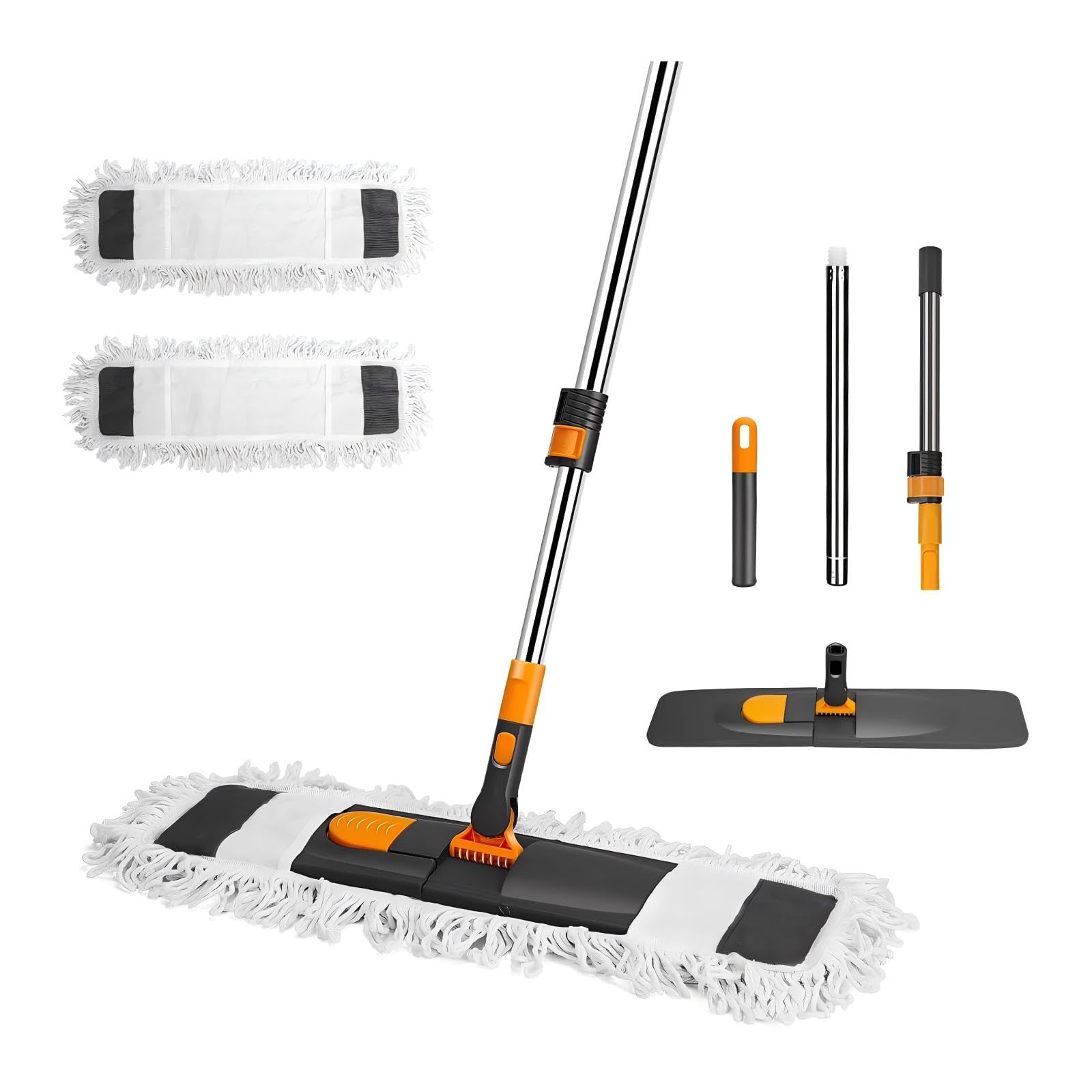 Industrial Mop, 60cm Large Flat Mop Commercial Mops with 2 Microfibre & Washable Pads, Long Handle Heavy Duty Dust Mops for Home, Garage, Mall, Hotel, Office Cleaning