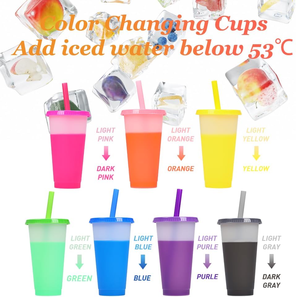 32oz Plastic Tumblers Bulk with Lids & Straws - 7Pcs Reusable Iced Cold Color Changing Drinking Cups for Adults Kids - Image 3