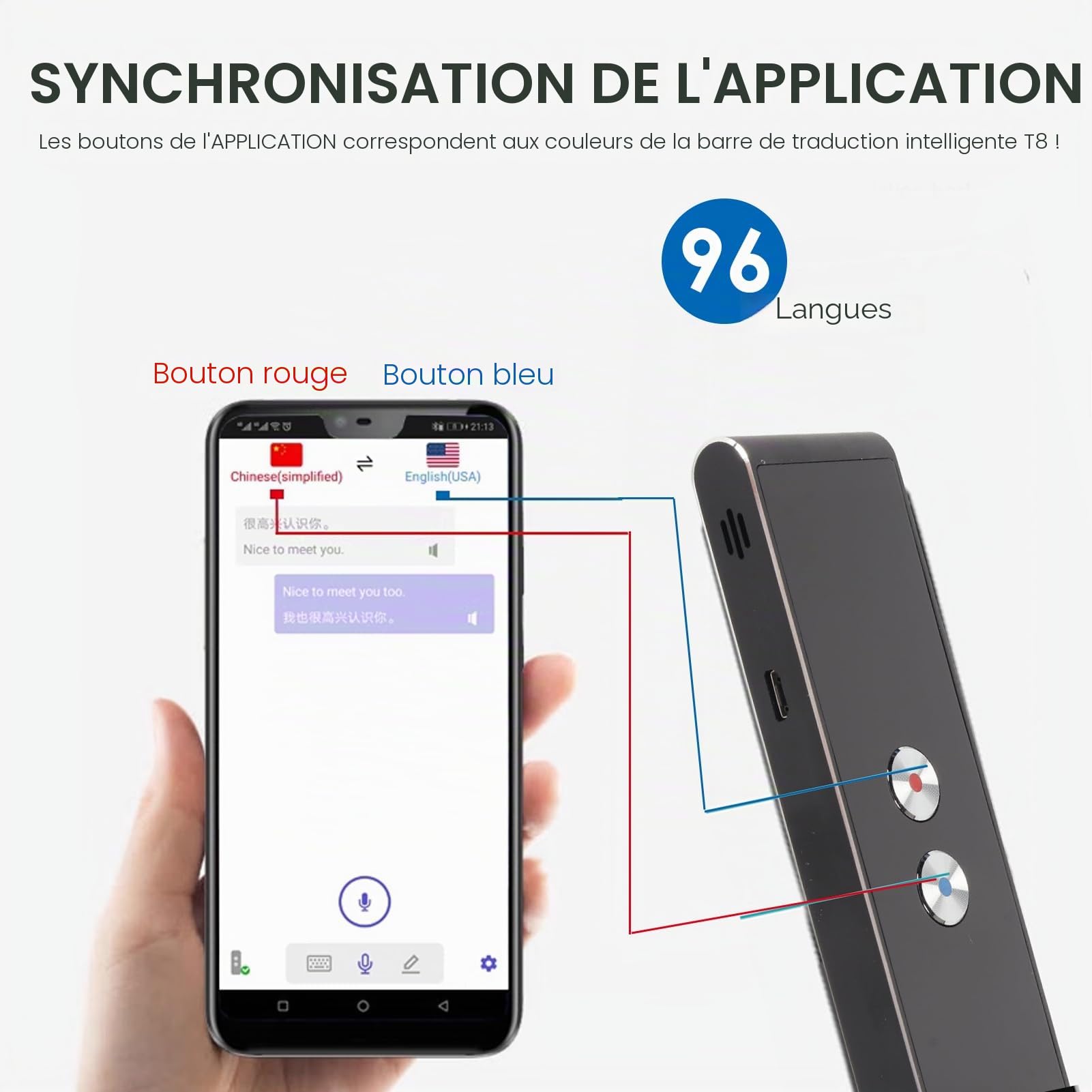 Dispositif de Traduction Vocale de Langue Bluetooth, Traducteur de Langue Bidirectionnel instantané Portable, Appareil de Traduction en 96 Langues Prenant en Charge la