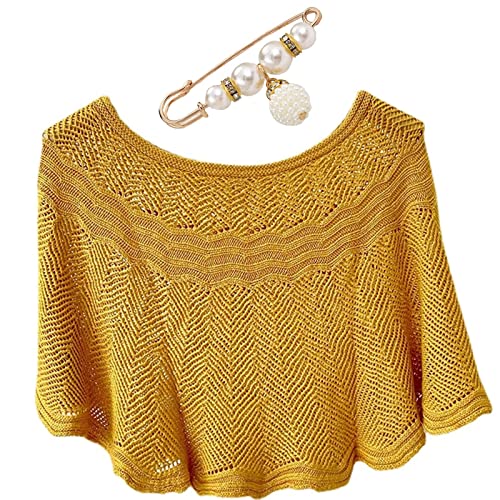 Knitted Sun-proof Ice Silk Shawl, Ice Silk Cool Hood Scarf, Women s Loose Shawl Open Knit with Pearl Clip (Yellow)
