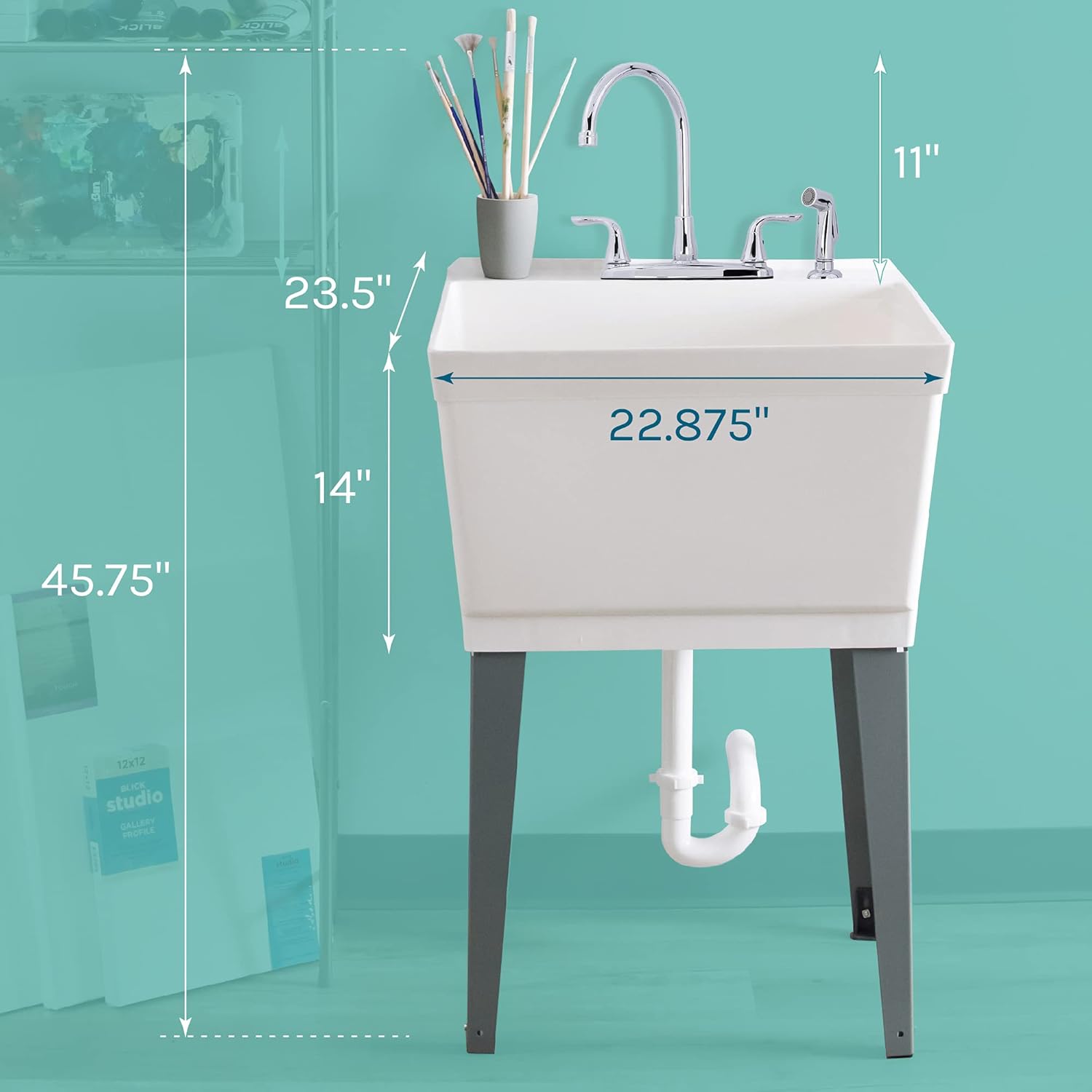 Up To 40% OFF Utility Sink Laundry Tub with Chrome Finish High Rise Faucet by Maya with Side Sprayer, Large Basin, and Metal Legs, Great for Workroom, Shop, Garage, Basement, Mud Room (White Tub)