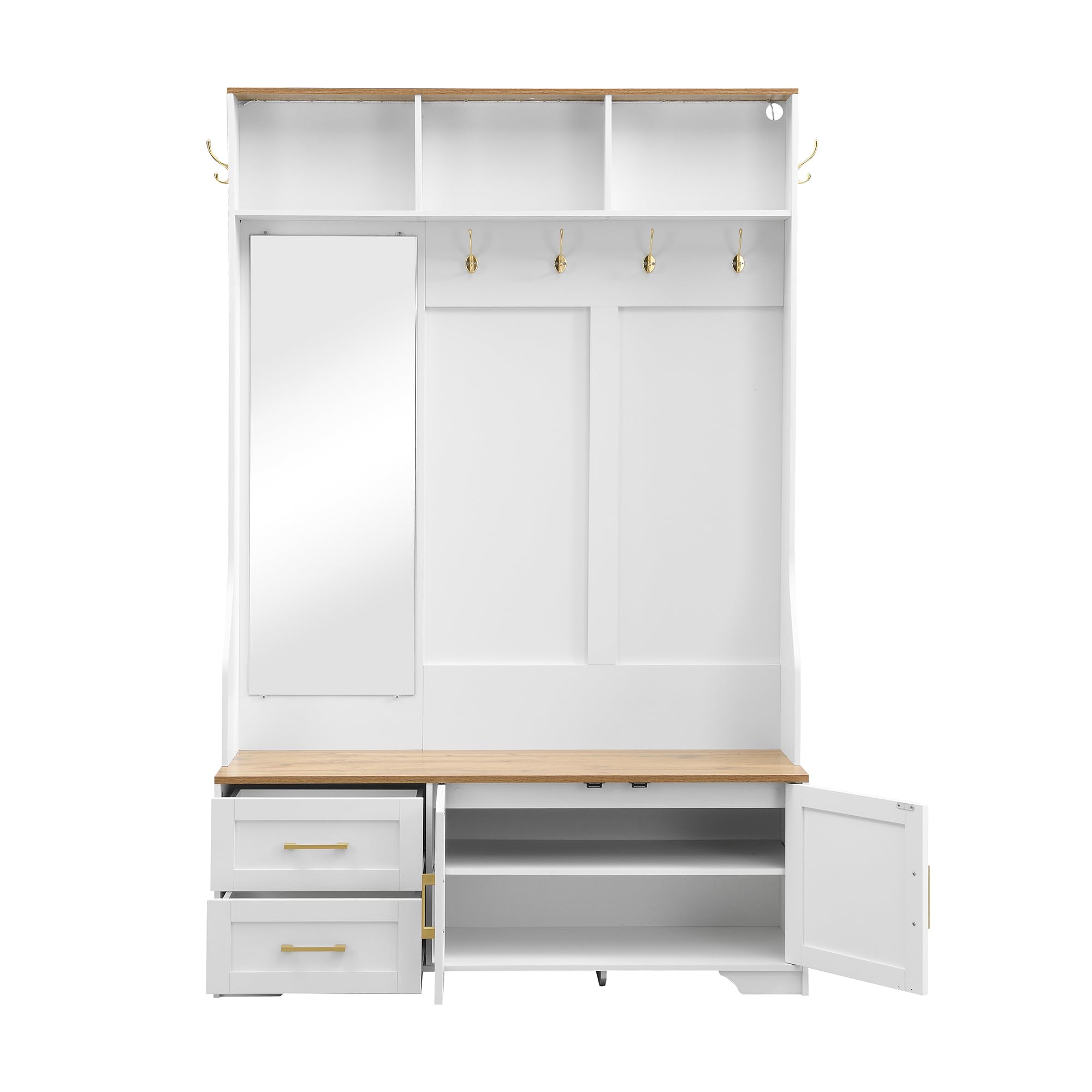 Garderobenset Wandgarderobe mit LED Beleuchtung, Garderoben Set mit Spiegel und Schuhbank, Garderobenständer mit Kleiderhaken & Schubladen, Modern Weiß Flurgarderobe mit Sitzfläche, 120x40x187