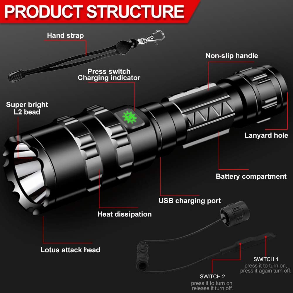 BESTSUN Red Light Tactical Flashlight Rechargeable 3000 Lumen Super Bright Red Hunting Flashlights Predator Light with Picatinny Offset Mount, Pressure Switch