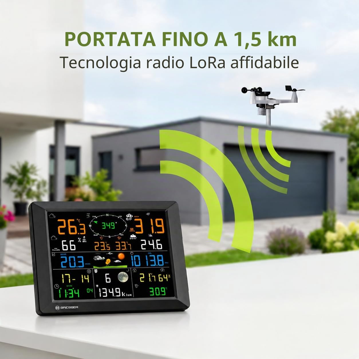 Bresser Stazione meteo, portata 1,5 km, Wi-Fi, sensore esterno 7 in 1, solare, UV, vento, pioggia, Wi-Fi upload, allarme, clima interno/esterno
