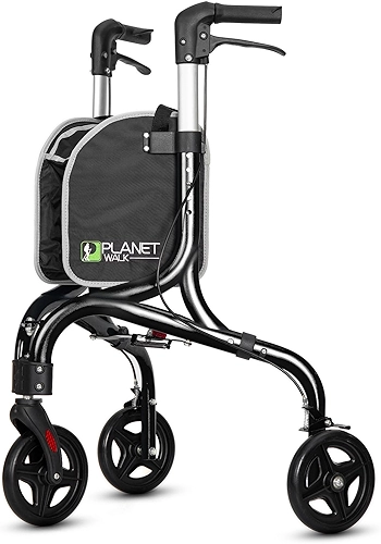 Planetwalk Andador Rolante Premium de 3 Rodas para Idosos - Andador Dobrável Ultraleve para Idosos, Auxílio de Mobilidade de Três Rodas em Alumínio, Preto