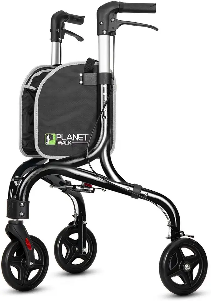 Planetwalk Andador Rolante Premium de 3 Rodas para Idosos - Andador Dobrável Ultraleve para Idosos, Auxílio de Mobilidade de Três Rodas em Alumínio, Preto