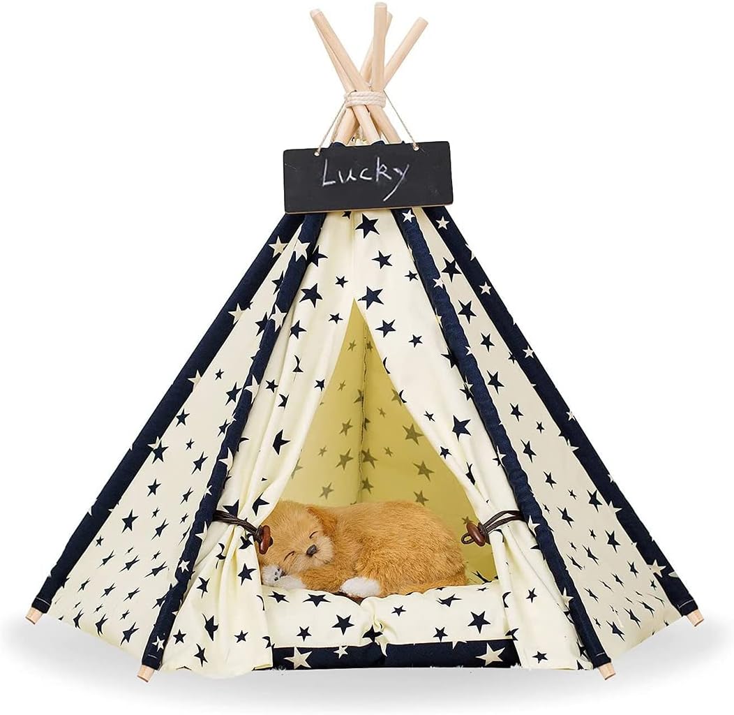Zaihe Pet Teepee Dog & Cat Bed - Portable Dog Tents & Pet Houses with Cushion & Blackboard, 28 Inch, Up to 30lbs…