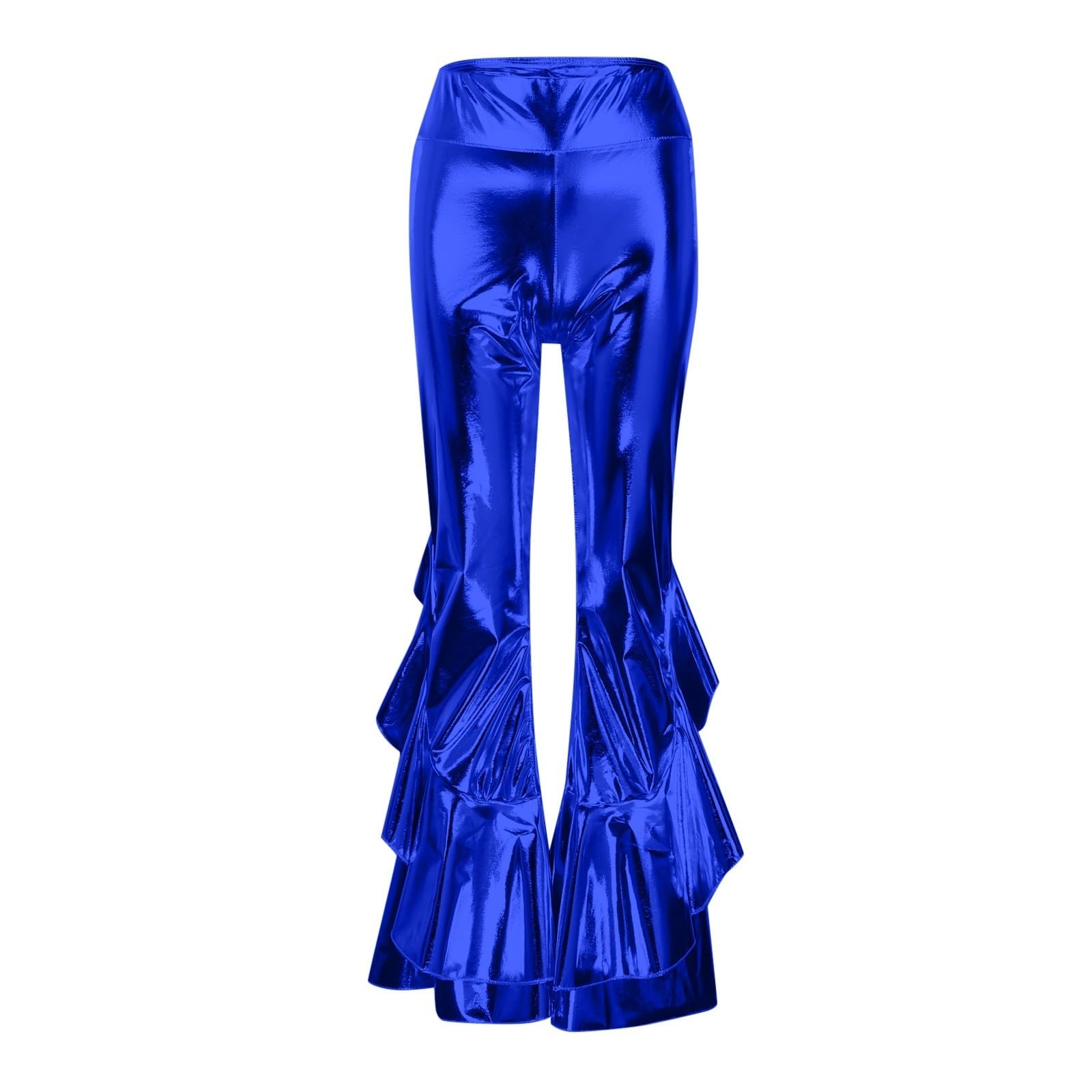 Glitzer Hose Damen Lang Glitzernde Metallic Schlaghose Holographische Farbe Streetwear Hip Hop Glocken Hose mit Rüschen High Waist Weites Bein Tanzhose für Disco, Karneval, Party & Streetwear