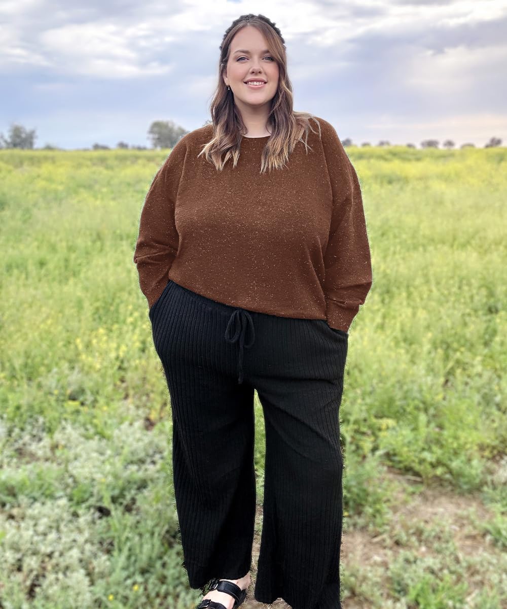 CARCOS Plus Size Sweaters for Women Solid Crew Neck Knit Tops Casual Long Sleeve Pullover Sweater Sparkly Tunic Shirts - Image 2