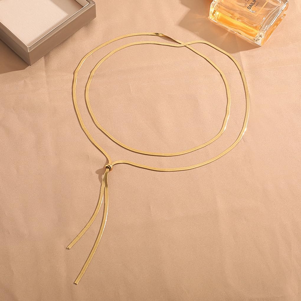 Gold Long Statement Choker Necklace for Women,Graceful Snake Chain Y Necklaces Adjustable Silver Herringbone Collar Necklace,Charm Party Jewelry Gifts - Image 8