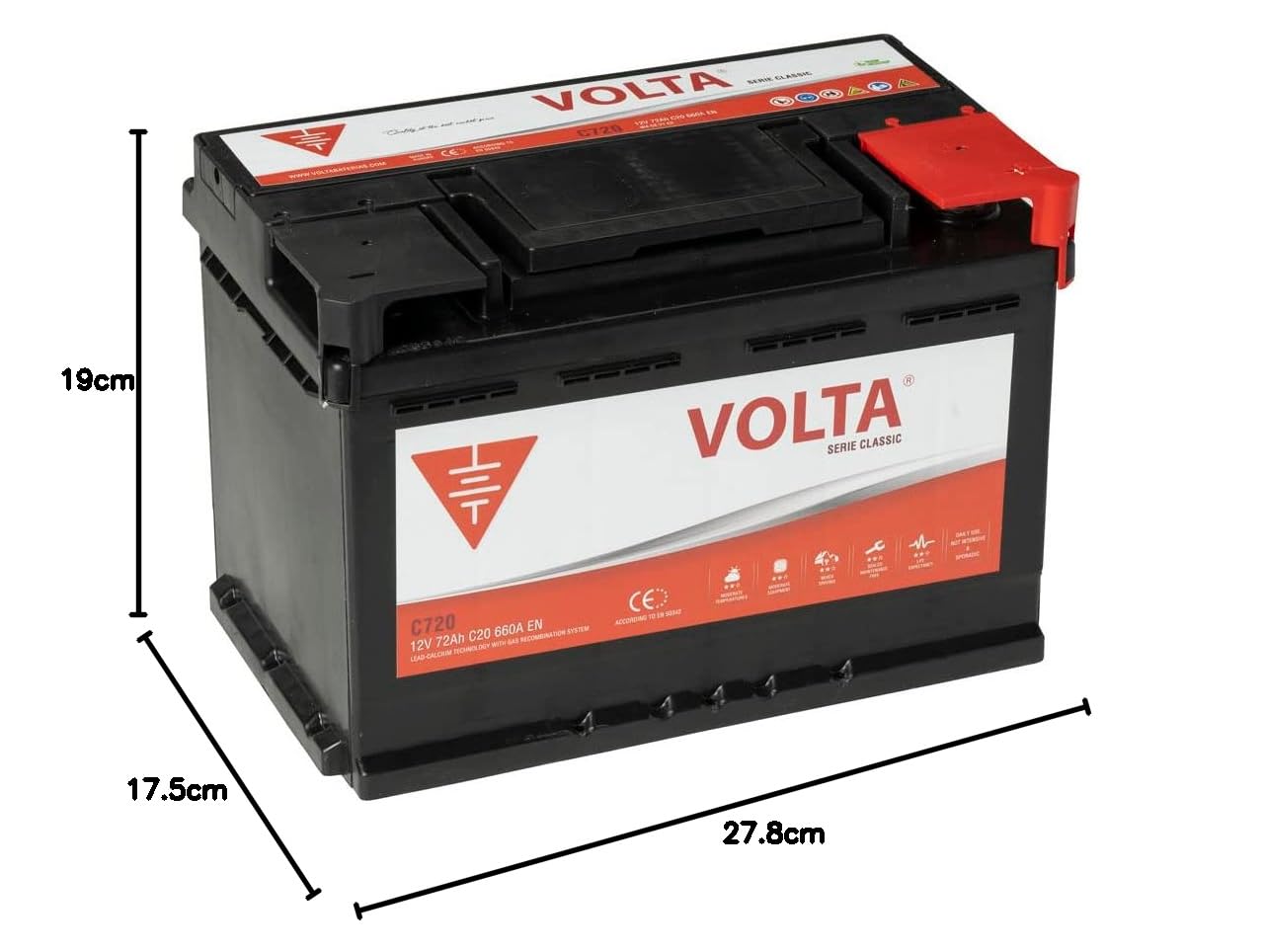 Bateria de Coche Classic 72Ah 660A Volta C720D - Borne +Dcha - Medidas Largo 278 x Ancho 175 x Alto 190 mm con 2 años de Garantía - Fabricación Europea.
