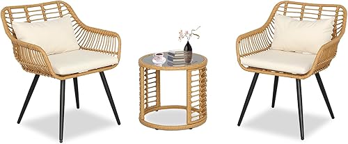 Do4U Juego de muebles de patio de 3 piezas para exteriores, muebles de balcón, muebles de mimbre para patio, juego de muebles de mimbre para