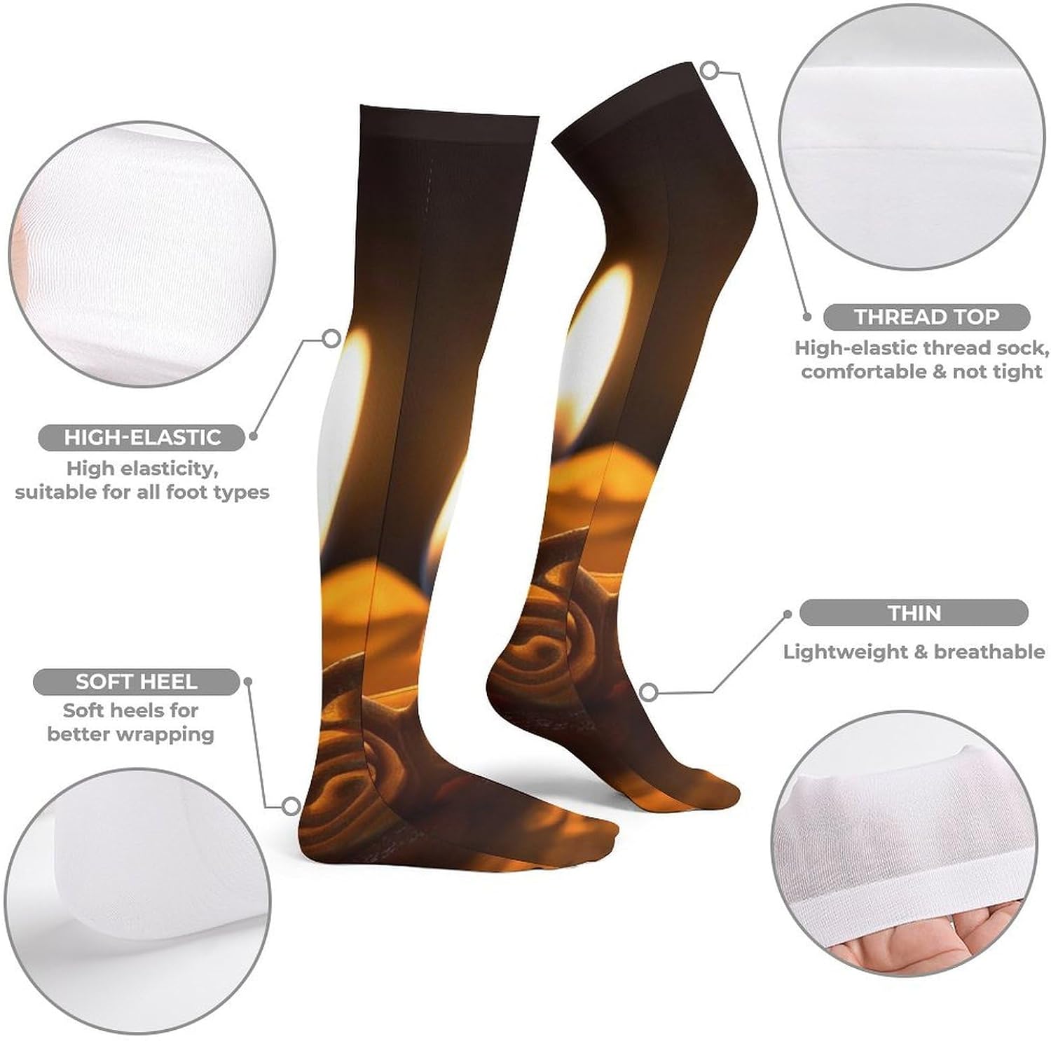 Burning Candle Knee High Stockings for Women 23.6" Breathable Thigh High Stockings Over The Knee Socks
