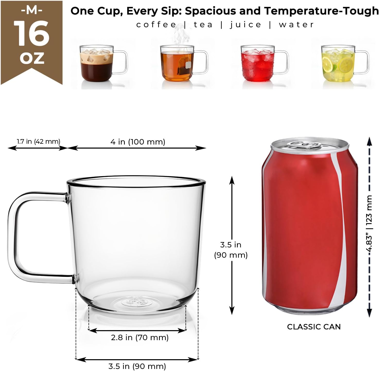 Aquach 16oz Glass Mugs with Handle Set of 2, Large Clear Borosilicate Cups | Dishwasher/Microwave Safe, Single-walled, Smooth Rim, Handle Comfort, Large Capacity Fits Hot/Cold Brews