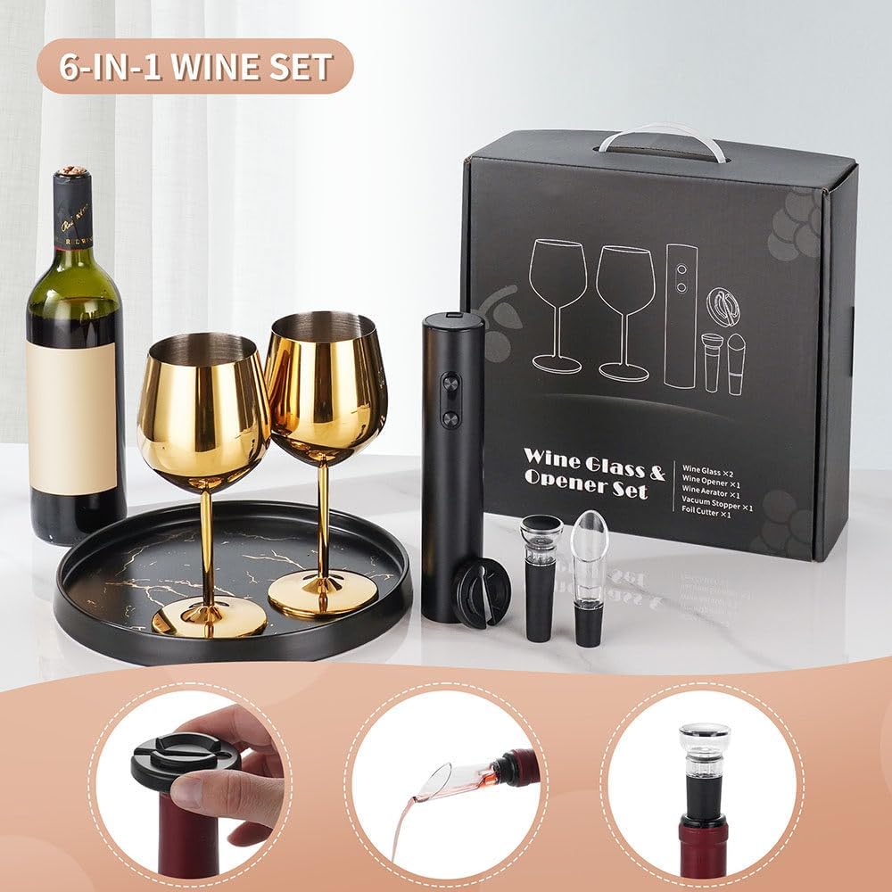 Electric Bottle Opener 6-Piece Set, Automatic Bottle Opener Set, Including 2 Stainless Steel Wine Glasses, Foil Cutter, Wine Pourer, Vacuum Wine Stopper, Gift For Wine Lovers,black