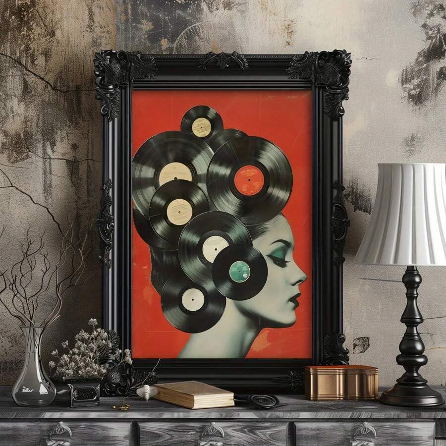 Poster su tela con dischi in vinile retrò anni '50, stile Art Déco classico contemporaneo, stampa artistica di una donna con inchiostro per decorare le pareti della casa (80x140 cm/senza cornice)