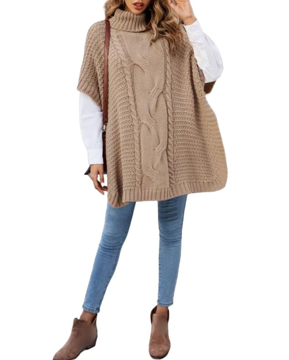 Dolcevita Invernale da Donna Poncho Lavorato A Maglia con Scialle Maglione Maglione Mantella Avvolgente, Maglione Oversize A Mezza Manica Lavorato A Trecce, Maglione Casual A Maglia Grossa con Spacc