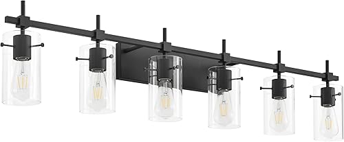 SOLFART Lámparas de tocador negras de 49.2 pulgadas, 6 luces de pared sobre el espejo para baño con pantalla de vidrio (no incluye bombilla)