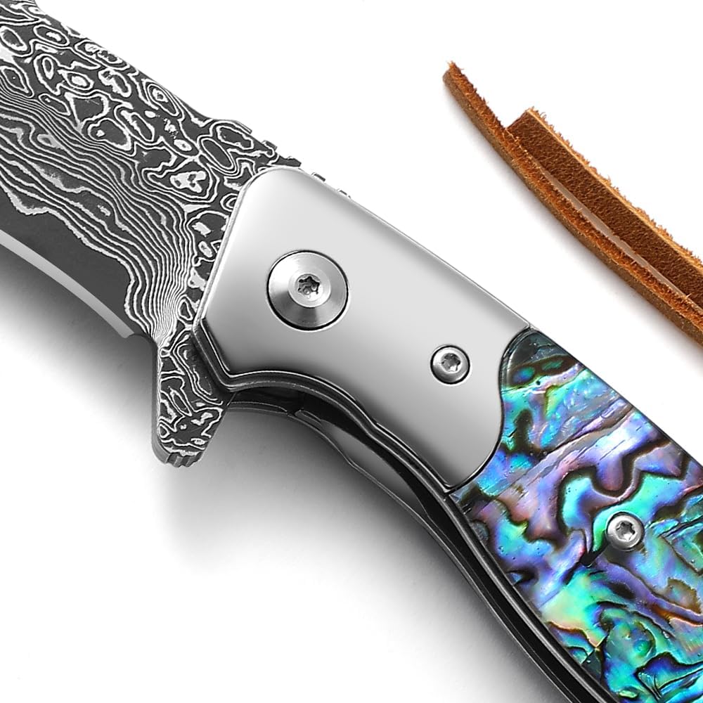 DRACHENADER Couteau Pliant Damas, Grand Couteau de Poche en Acier Damas, Manche en Coquille d’Ormeau, Étui en Cuir Véritable, Idéal comme Cadeau