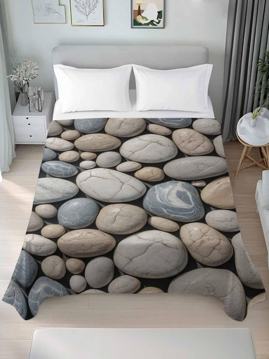 Top Sheet Full Bedding Flat Sheet Only, Abstract Natural Grey Cobblestone Microfiber Bed Sheets Soft Breathable Bedding Flat Sheets, Modern Grey Pebble Stone Hotel Luxury Top Sheets