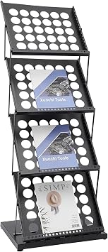Foldable Magazine Rack Floor Standing, 4Tier A3 Size, Brochure Display Stand, Catalog Literature Display Holder Shelf for Exhibitions, Reception Rooms, OfficeBlack