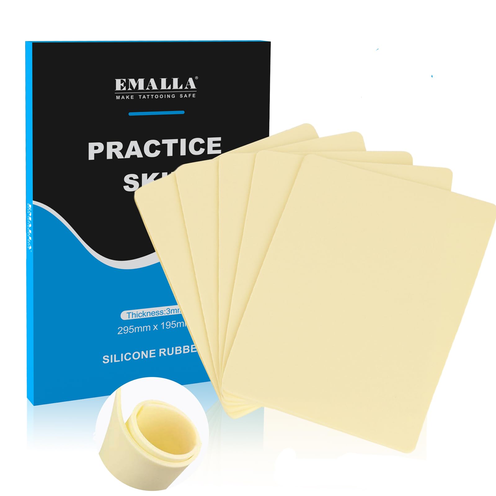 EMALLA 3mm Tattoo Practice Skin 5pcs Fake Skin A4 Real Skin Feel Double Sided Training Professional Tattoo Supplies for Beginners and Artists(29.5 X 19.5cm)