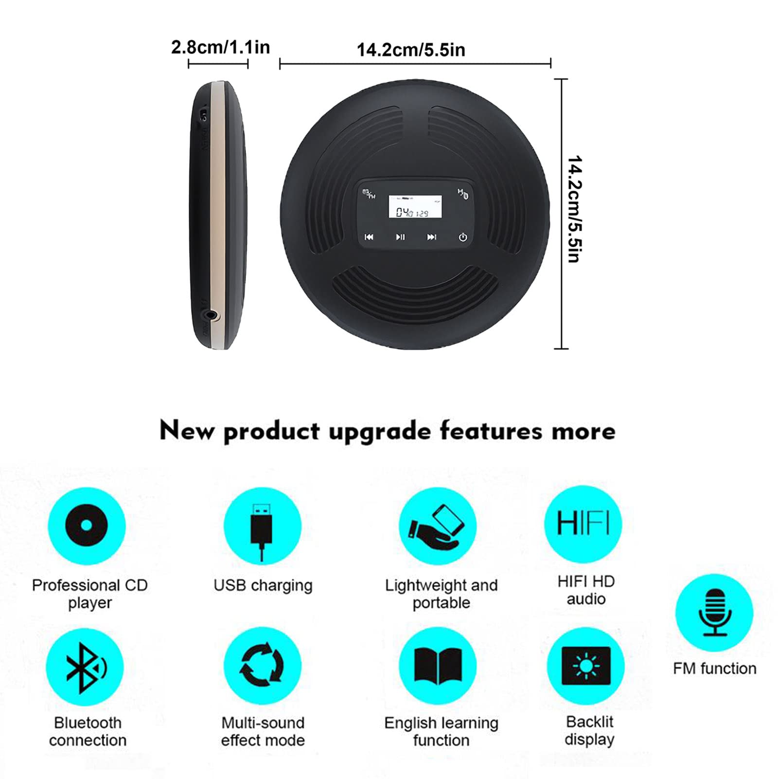 Lecteur CD Portable Walkman - Bluetooth - Antichoc - Batteries 1800 mAh - Casque - Câble de Charge USB - FM Function