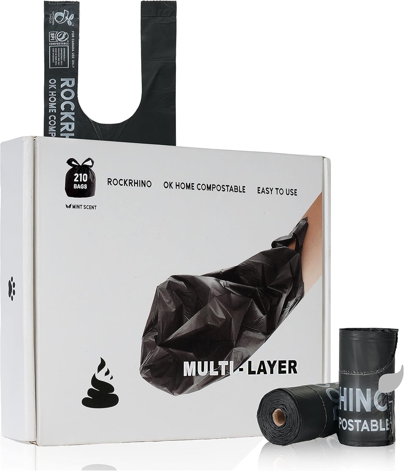 Ultra Thick RockRhino Dog Poop Bags - ECO Heavy Duty, Multi-Layer Bottom, 0% Plastic, 100% Home Compostable, Mint-Scented, Easy Open Tie Handles, Glove-Like Fit - 210 Bags