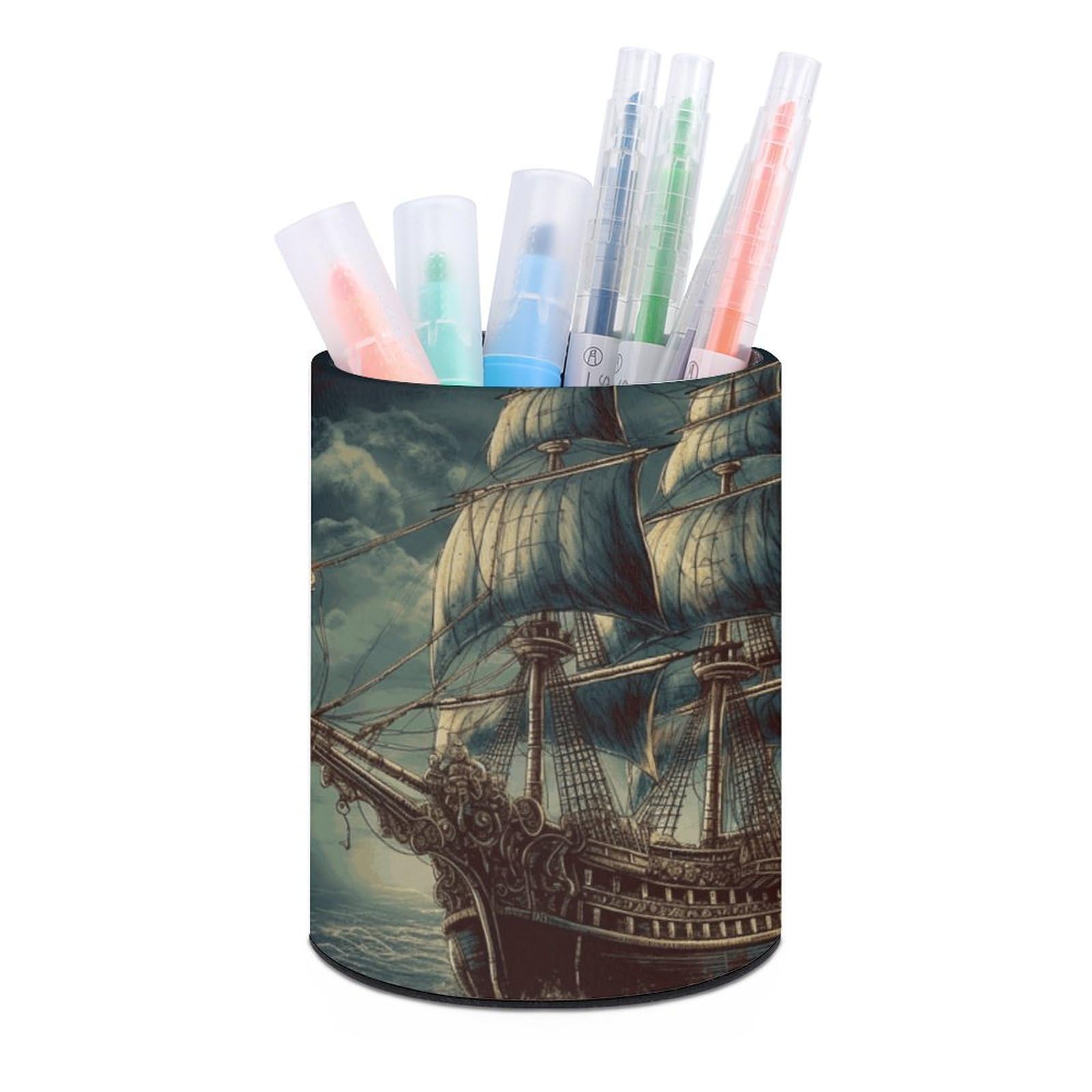 VstaDank Nautical Vintage Sailing Pirate Ship Pen Holder PU Leather Pencil Cup Minimalist Desk Pencil Holder Round Make Up Brush Organizers For Office Dorm Room&Vanity Desk Accessories