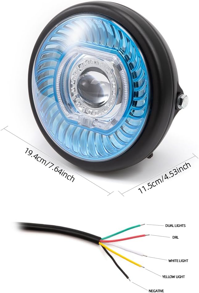 Round Motorcycle Headlight 7.64 inch with Mounting Brackets Assembly, LED Front Headlamp For Cafe Racer E-Bike Chopper Bobber (Style A)
