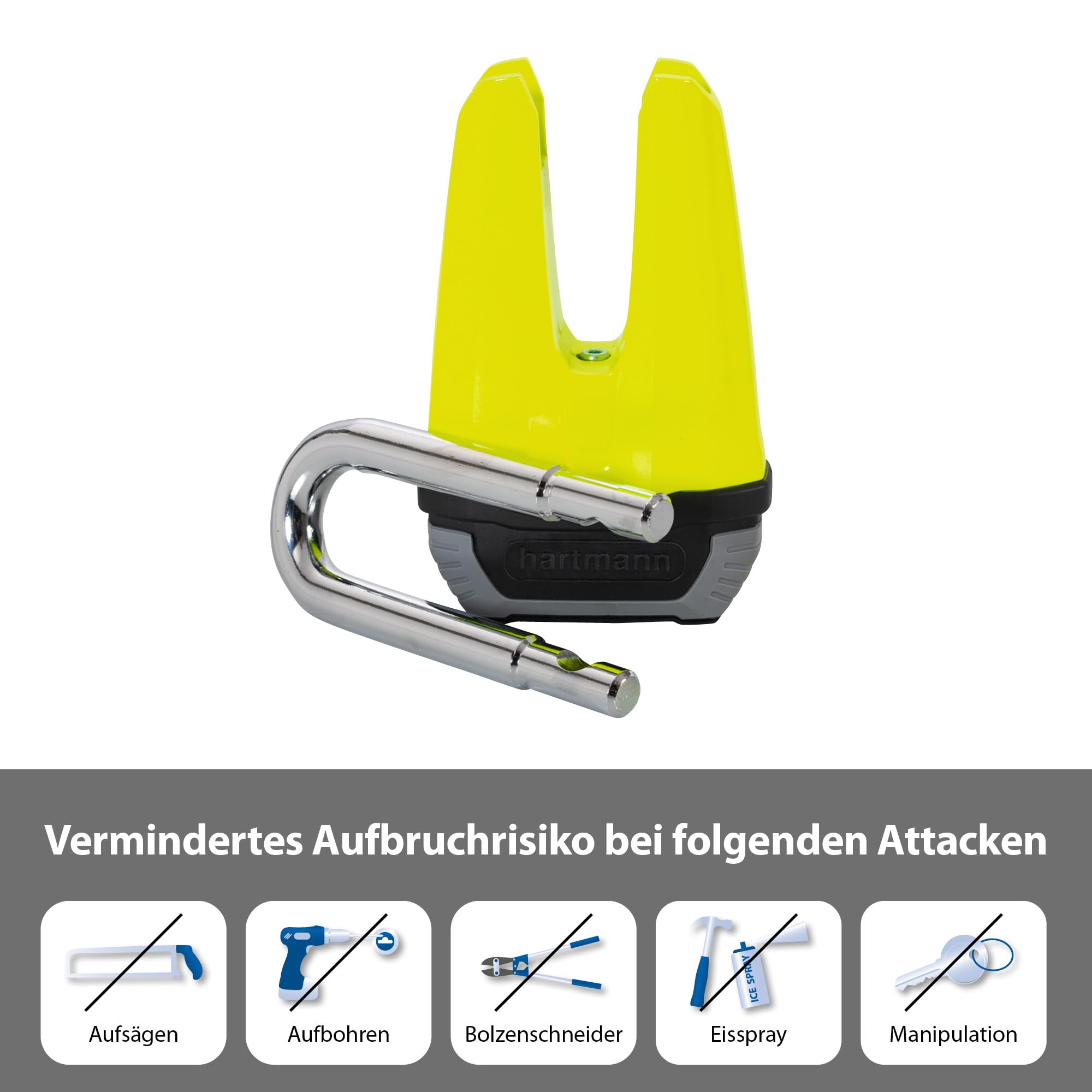Hartmann Bügelschloss für Bremsscheiben, Motorradschloss mit Hoher Sicherheit, Robustes Bremsscheibenschloss für Roller, Scooter & E-Bikes, Diebstahlschutz mit Schlüssel, Sicherheitsschloss