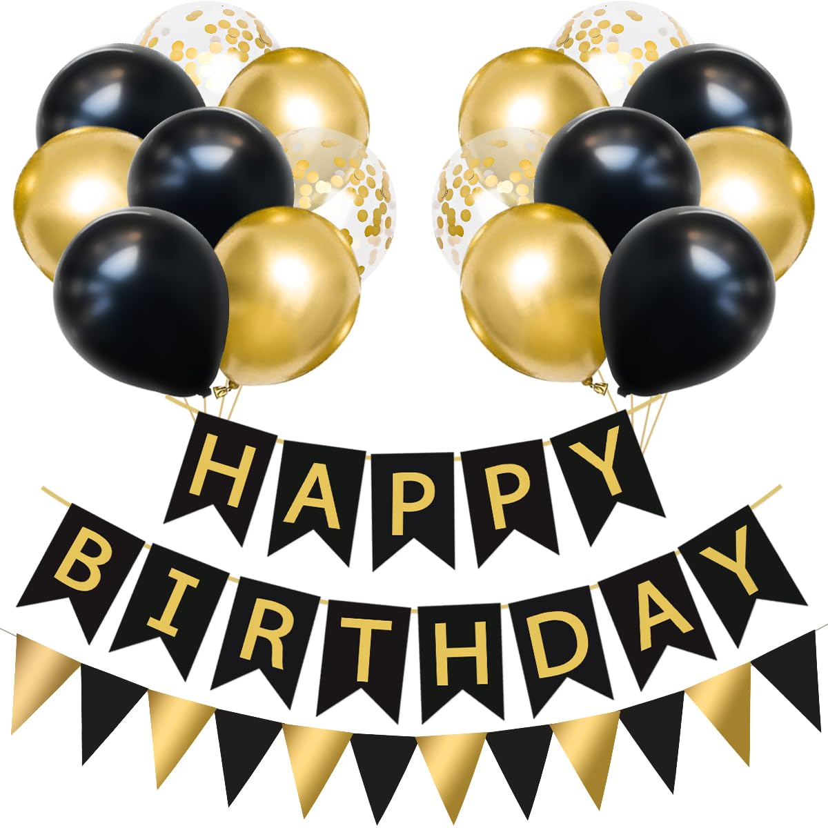 Happy Birthday Banner and Bunting, Black Gold Happy Birthday Decorations, 16pcs 12 inch Black Gold Confetti Balloons Helium Balloon with Gold Ribbon for Men Women Birthday Party Decorations