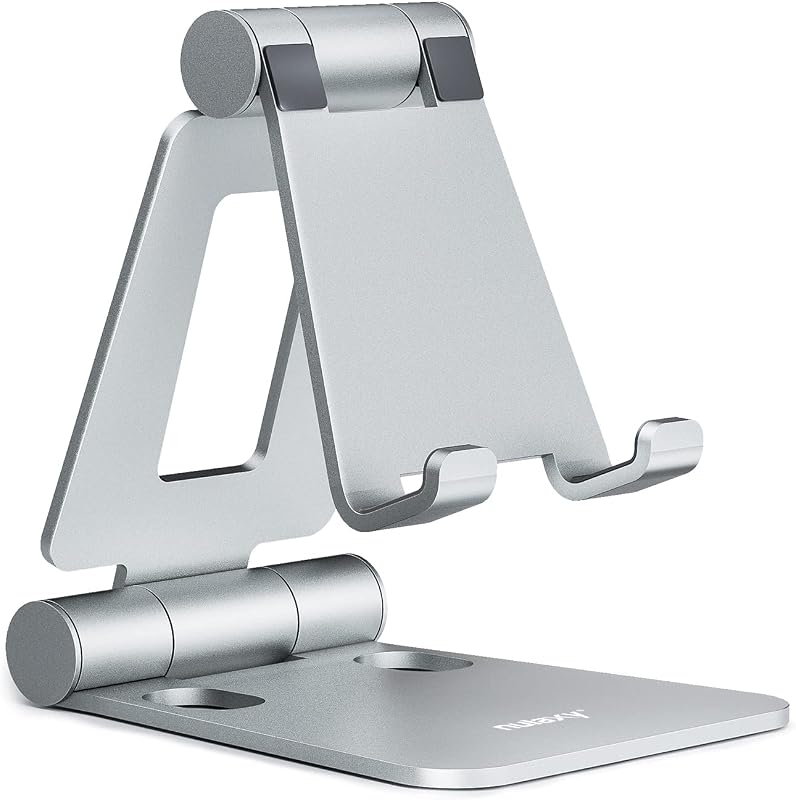 Full Aluminum Dual Folding Cell Phone Stand for Desk, Silver | Height Angle Adjustable, Portable, Anti-Slip Base, Fits 18mm Thick Case Smartphone, Nintendo Switch Desk Essential Accessory