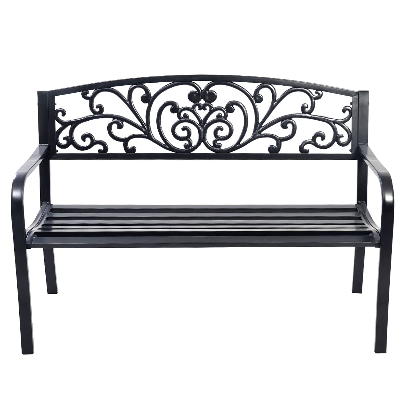 RELAX4LIFE Banc de Jardin Extérieur pour 2-3 Personnes, Banc de Jardin Fer Forgé Résistant avec Dossier Incliné, Accoudoirs Arrondis, Pieds Robustes, pour Terrasse Parc Pelouse, Noir