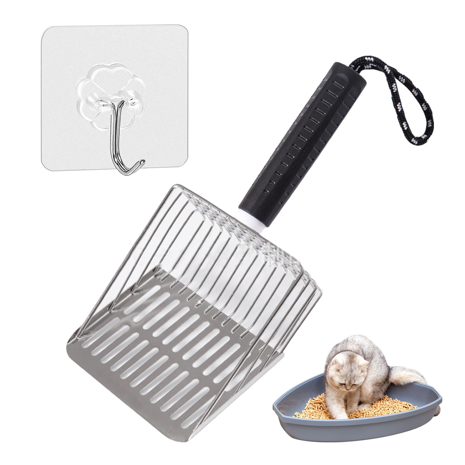 LunarCharm Cat Litter Scoop with Stainless Steel Hook, sturdy and durable metal cat litter scoop, stainless steel sieve