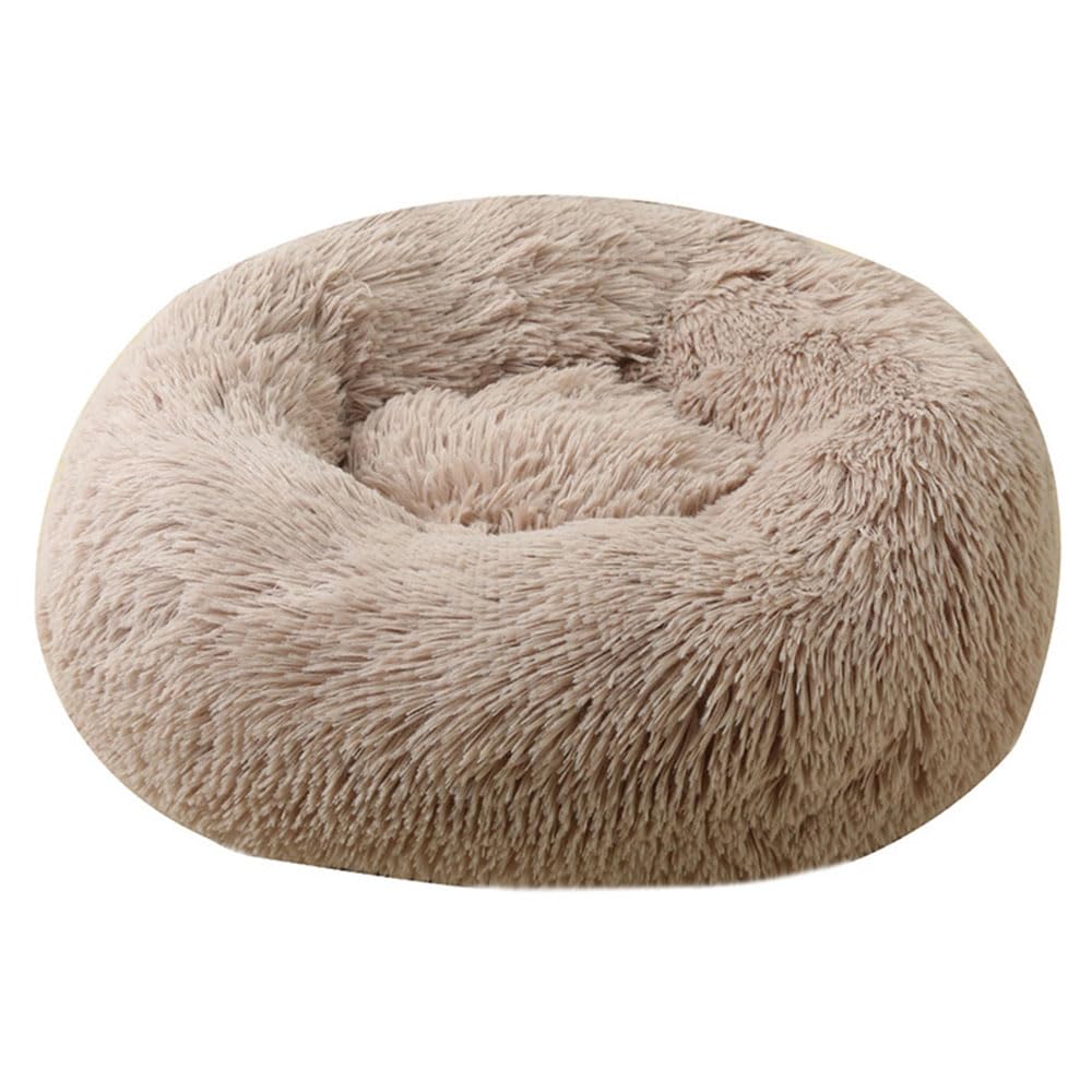Hiseng Soft Fluffy Dog Bed, Solid Color Self-Warming Cat Bed Washable Round Dog Beds Medium, Plush Anti-Slip Bottom Donut Cat Beds for Indoor Cats (90cm,Khaki)