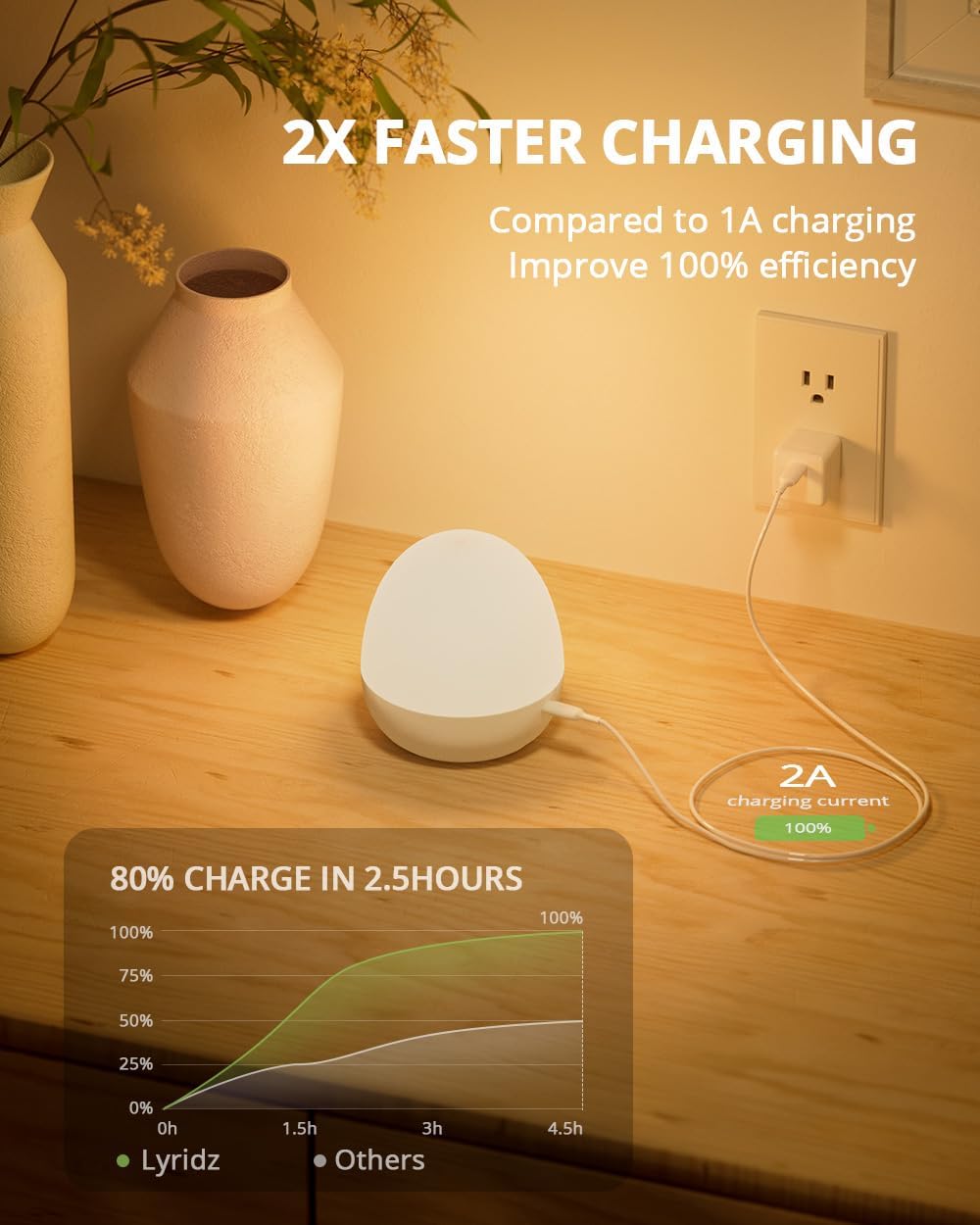 The Lyridz A5266 night light plugged into a wall outlet with a USB-C cable, illustrating '2X Faster Charging' and a charging graph.