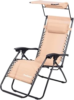 Todeco Liegestuhl klappbar mit Sonnenschutz, Sonnenstuhl mit Kissen, Khaki