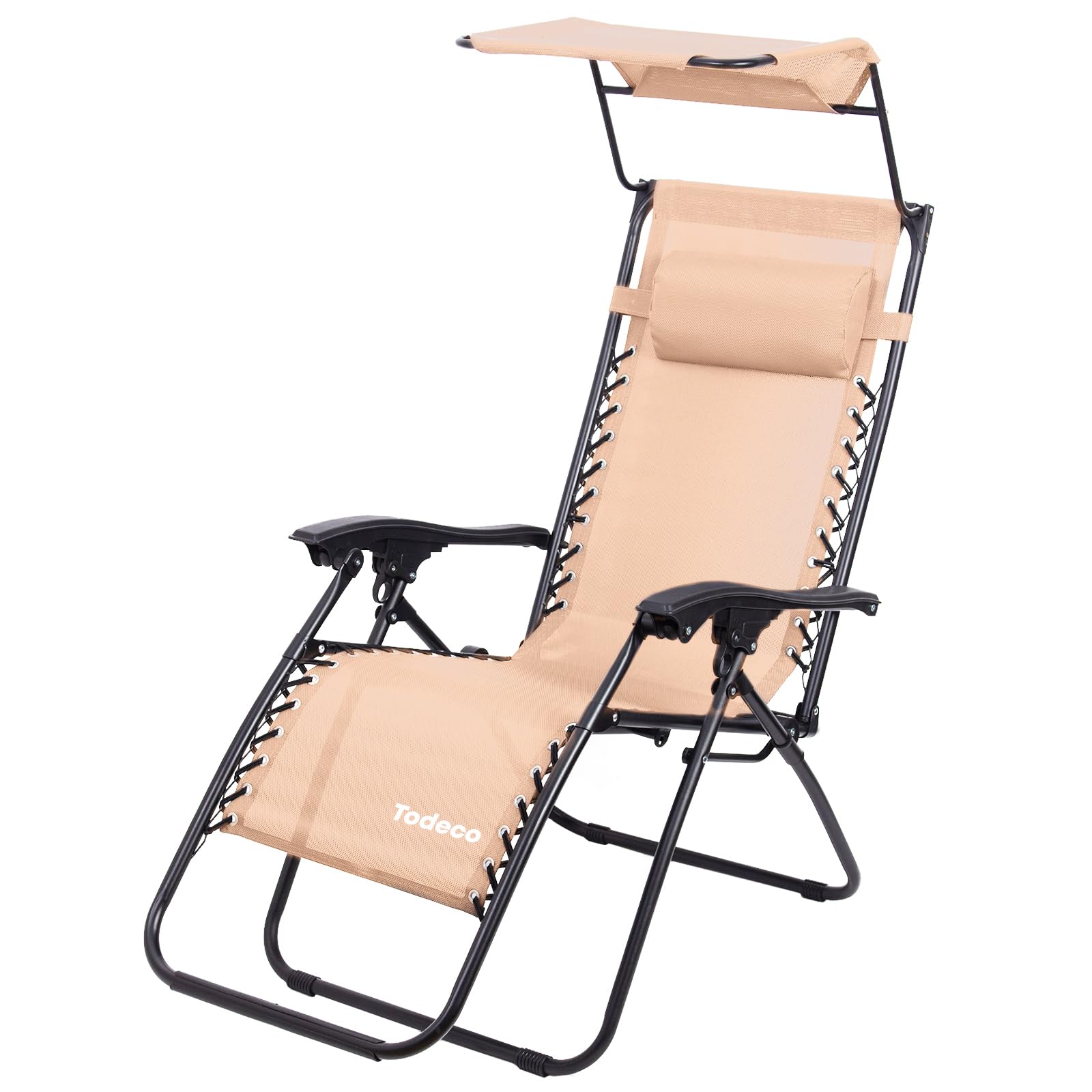Todeco Tumbona Plegable Jardín con Toldo, Silla Gravedad Cero Reclinable con Respaldo Ajustable para Patio, Camping, Terraza y Piscina, Carga máxima 100kg, Caqui