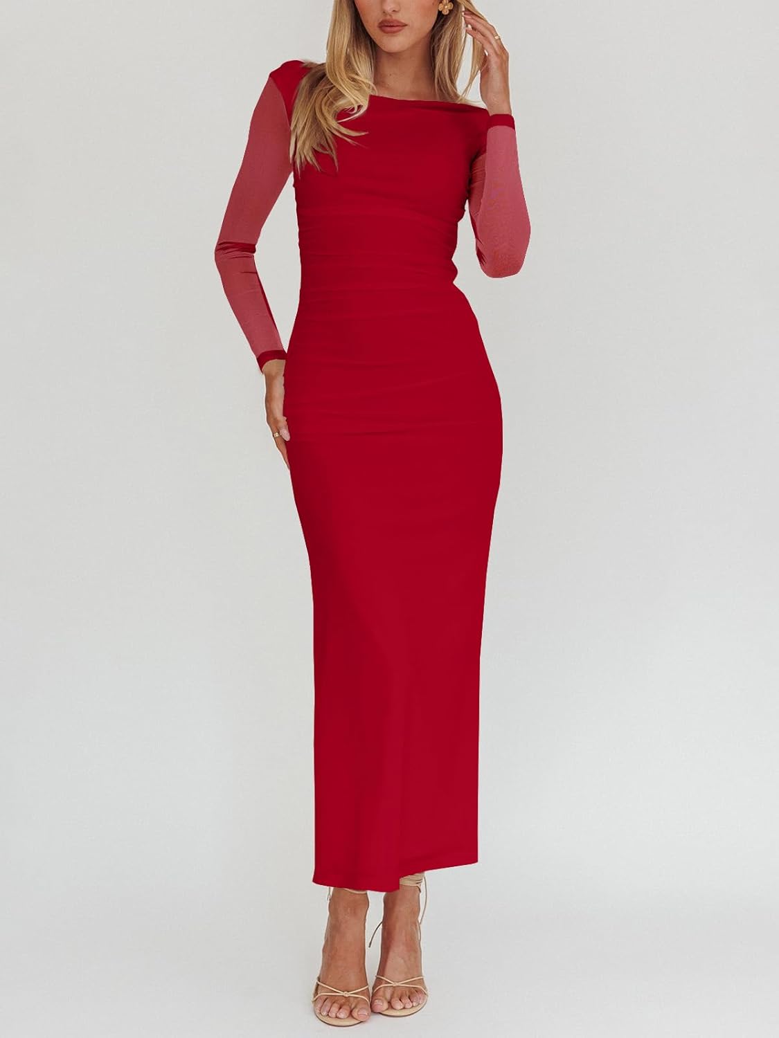 Women's Bodycon Ruched Mesh Long Sleeve Maxi Dress Sexy Elegant Cocktail Party Formal Long Dresses - Image 5