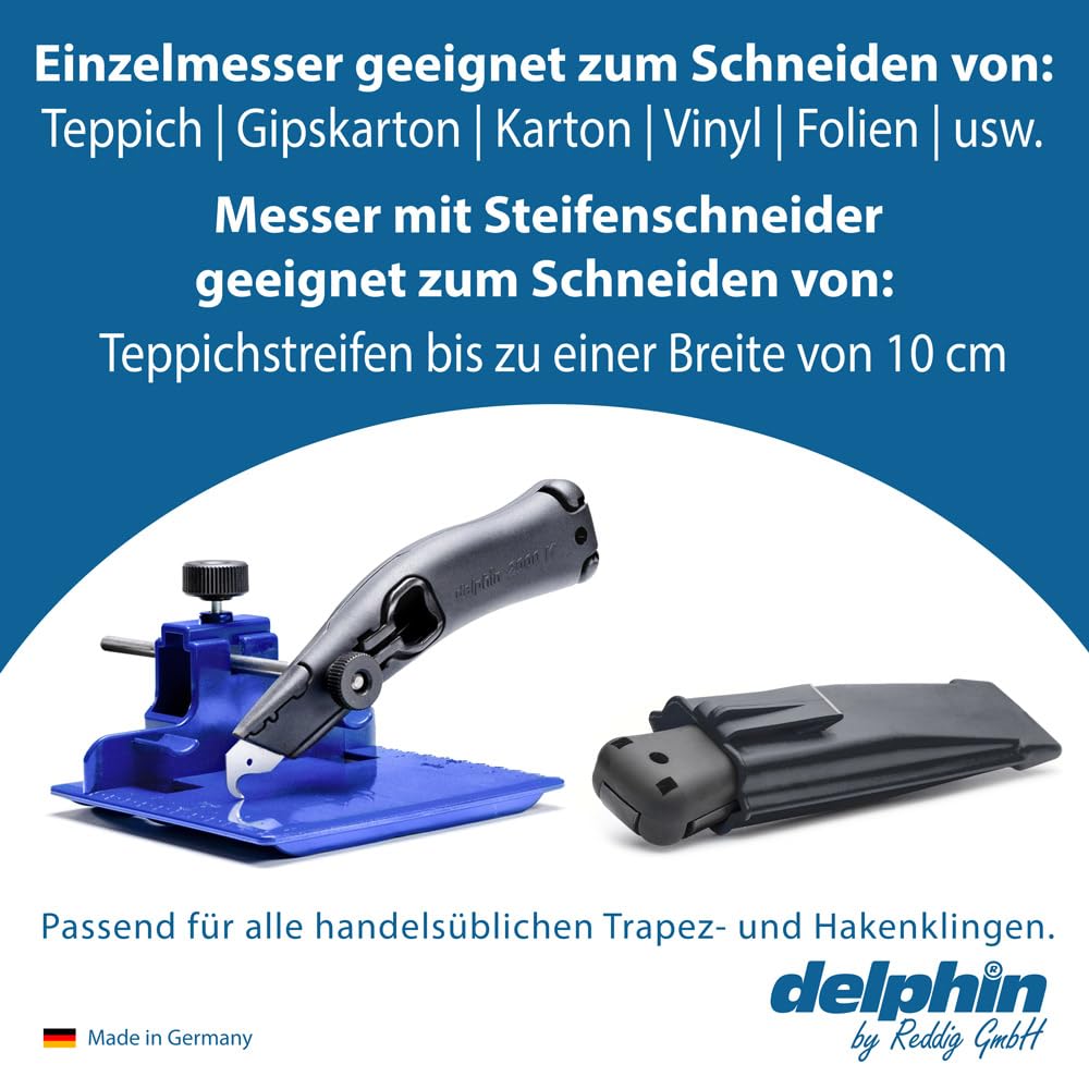 Teppichverlege Set, bestehend aus Delphin®-2000K, 10 Trapezklingen, 10 Hakenklingen, Streifenschneider, Kunststoffköcher